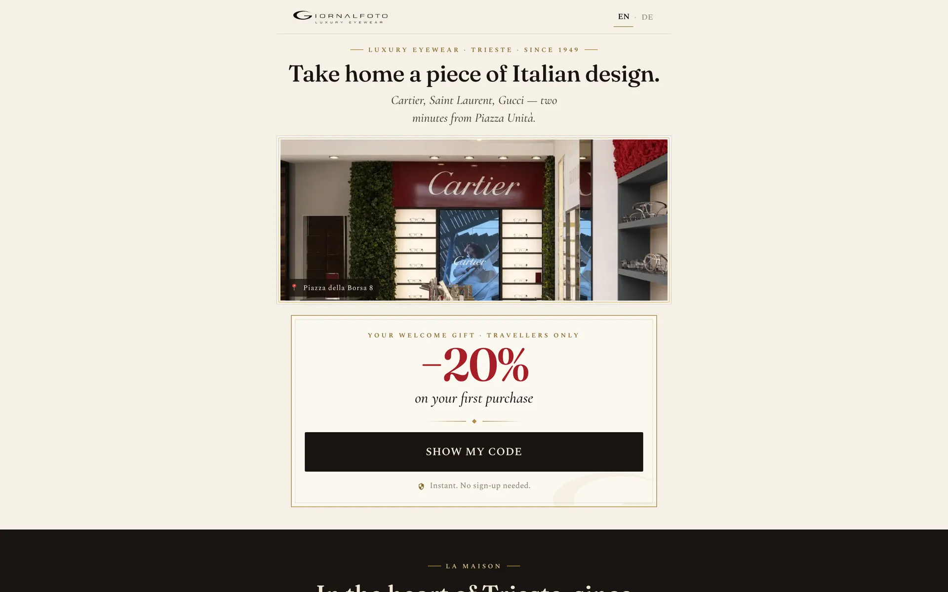 Landing di Giornalfoto per i turisti: titolo «Take home a piece of Italian design», foto della boutique e buono di benvenuto del 20%.