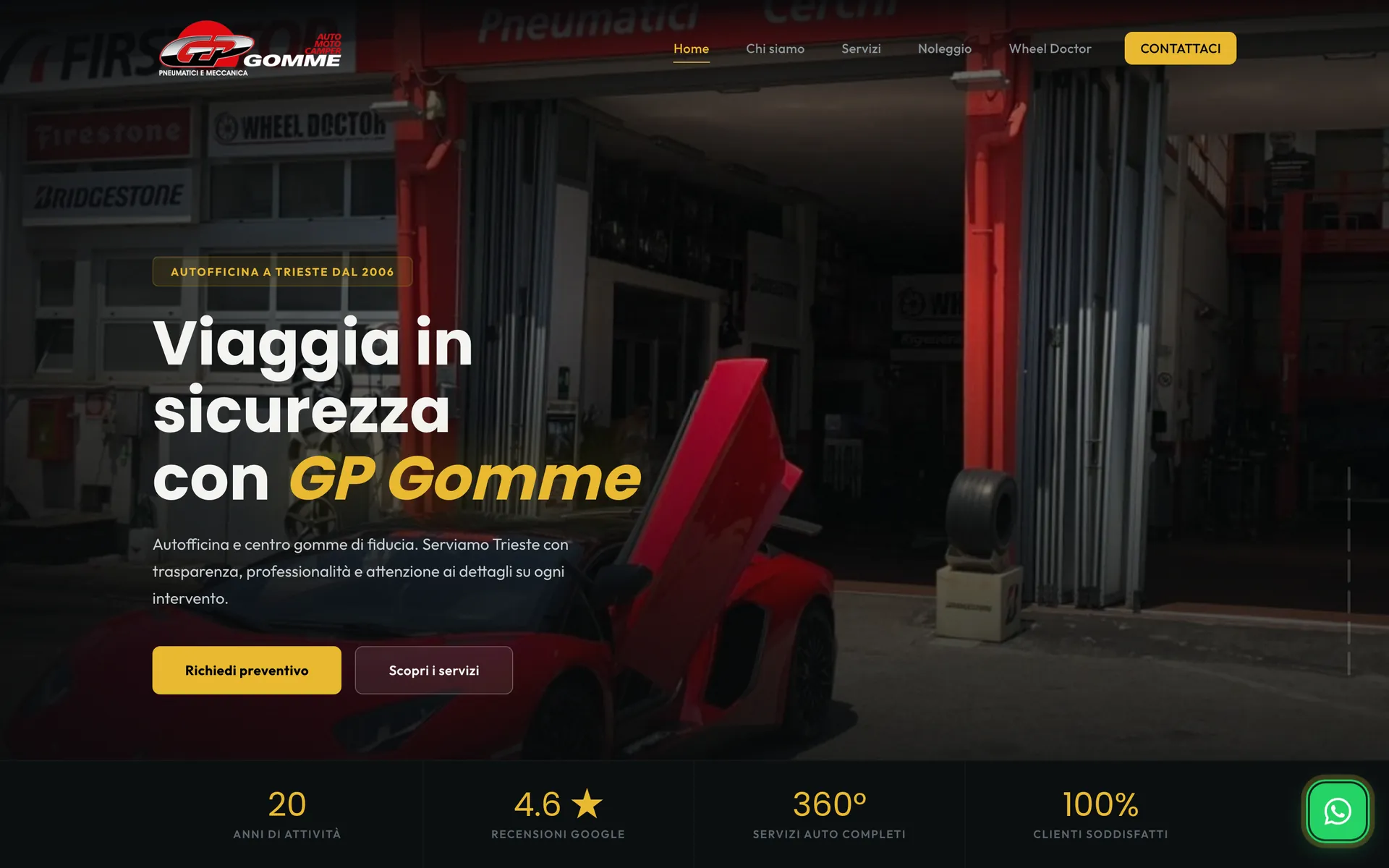 Il sito di GP Gomme: «Viaggia in sicurezza con GP Gomme» sopra la foto dell’officina.