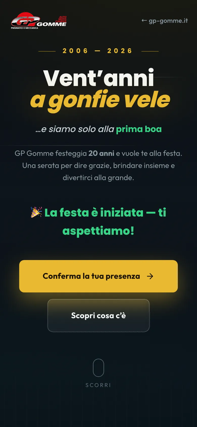 La pagina della festa dei 20 anni di GP Gomme sul telefono, con il bottone per confermare la presenza.