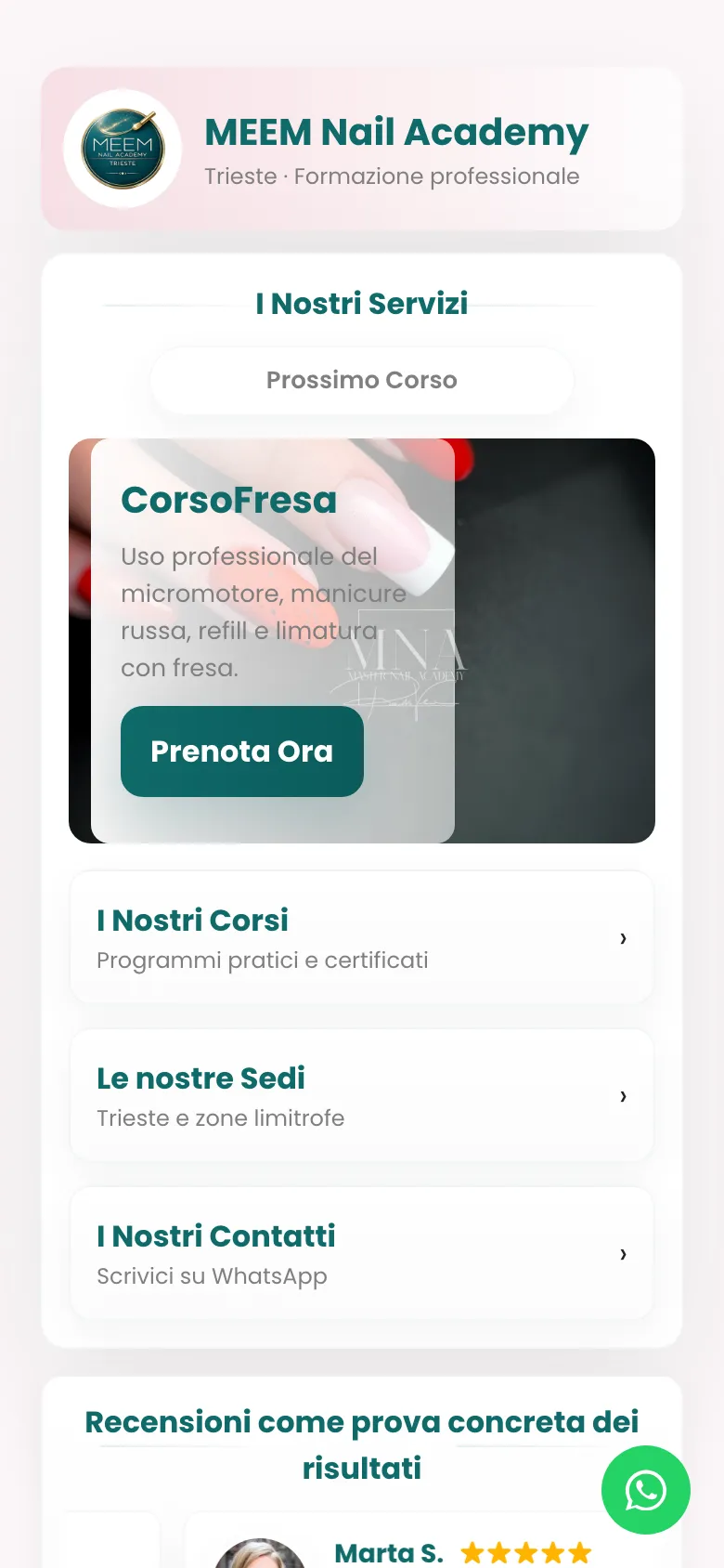 La pagina di Meem Nail Academy sul telefono con il prossimo corso e il bottone Prenota ora.