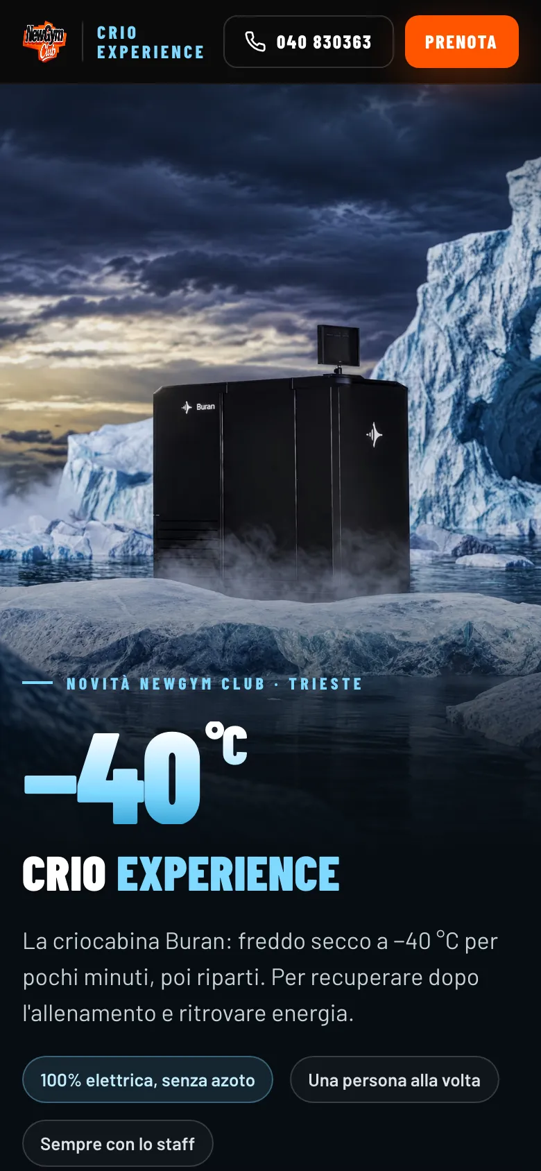 La pagina Crio Experience sul telefono: criocabina a −40 °C e bottone per prenotare la seduta.