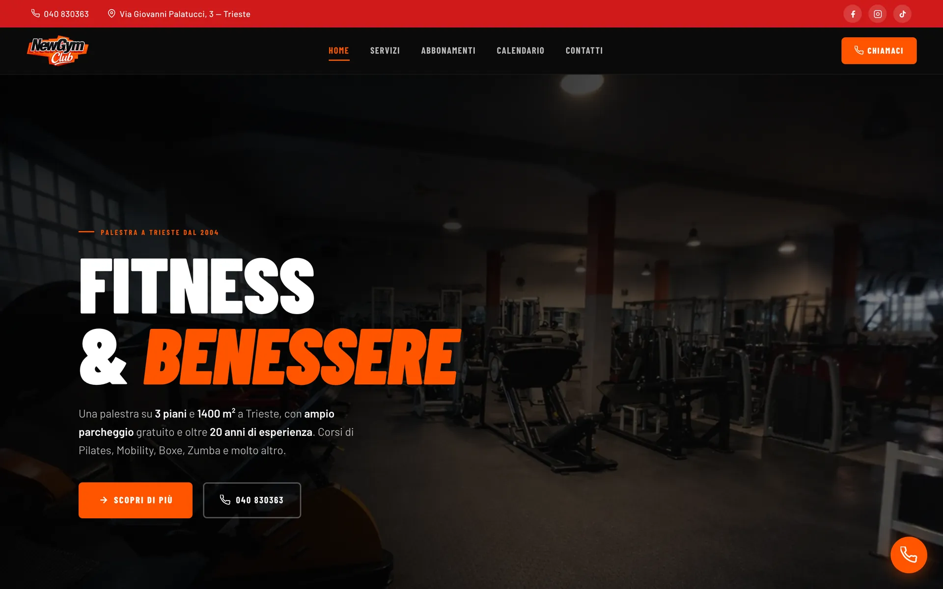 Il sito di NewGym Club: «Fitness & Benessere» sopra la foto della sala attrezzi.