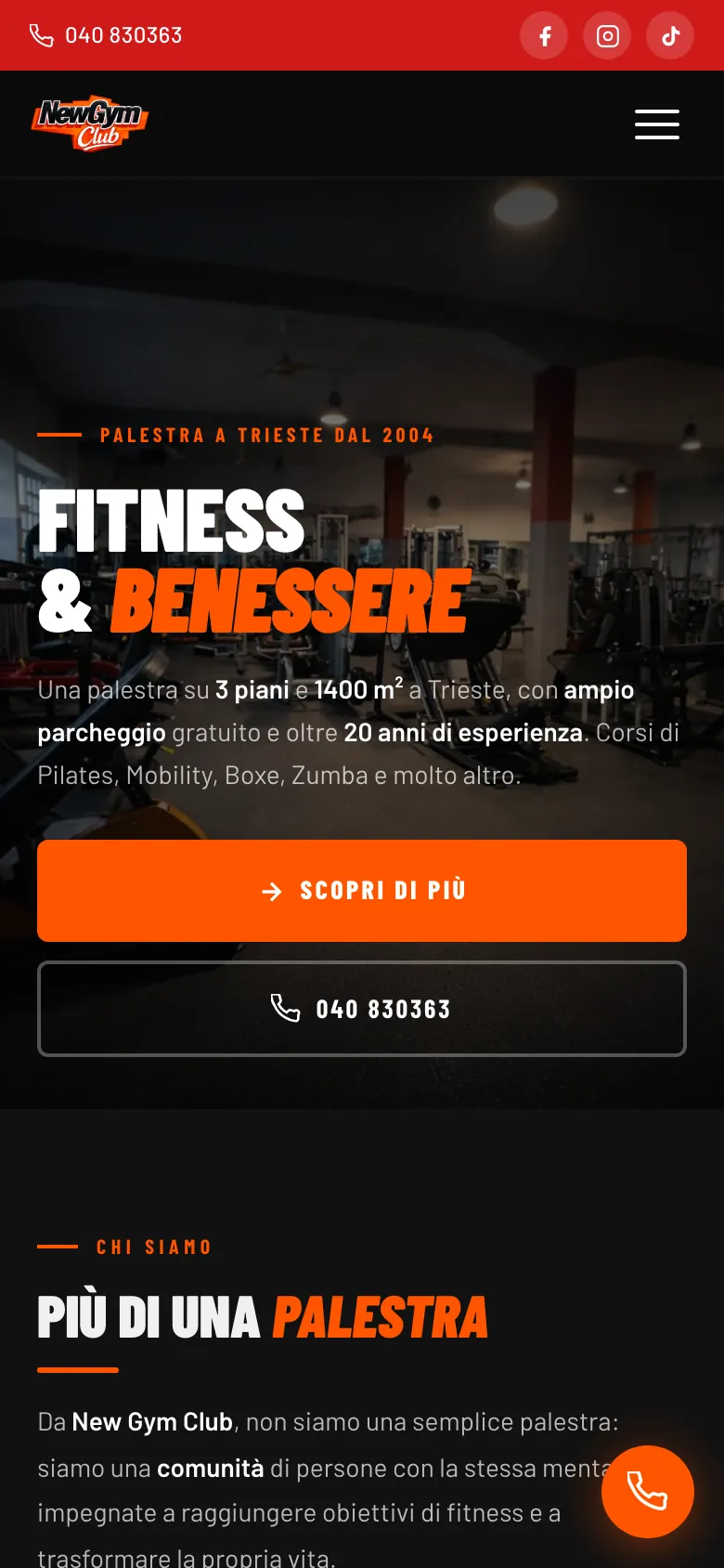 Il sito di NewGym Club visto da smartphone.