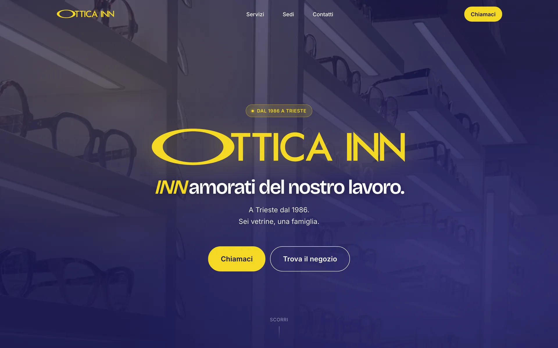 Home page del sito di Ottica Inn: logo giallo su fondo blu, slogan «INNamorati del nostro lavoro» e pulsanti per chiamare o trovare il negozio.