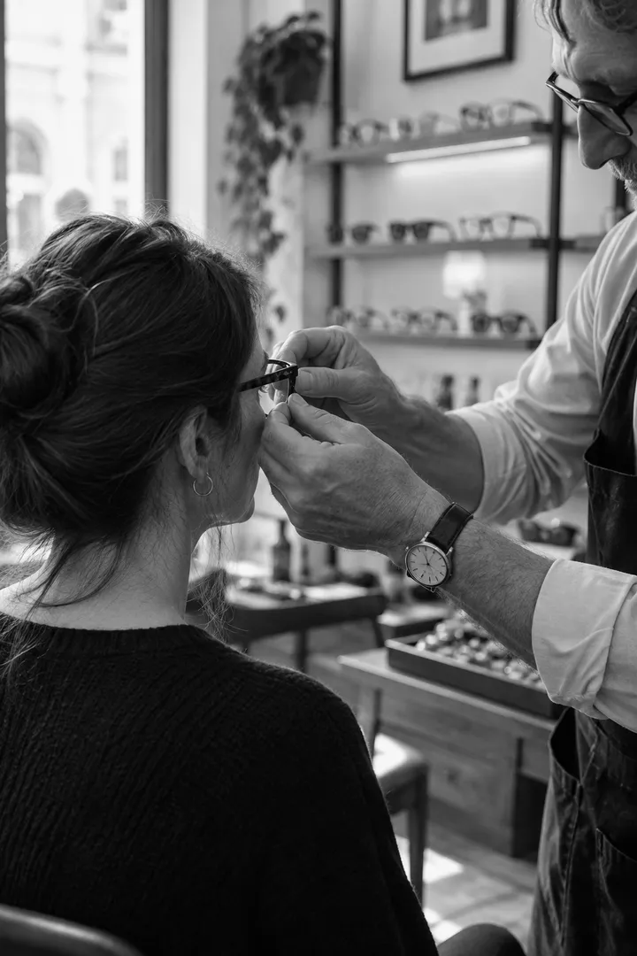 Un ottico sistema gli occhiali a una cliente