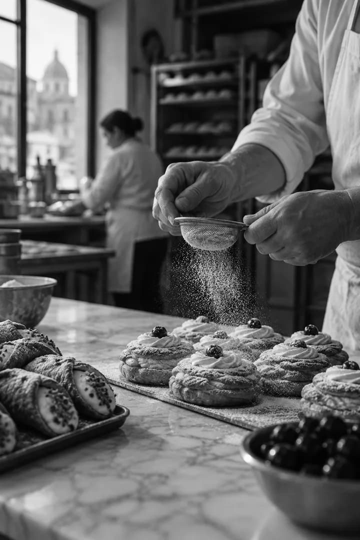 Un pasticcere spolvera zucchero a velo sui dolci